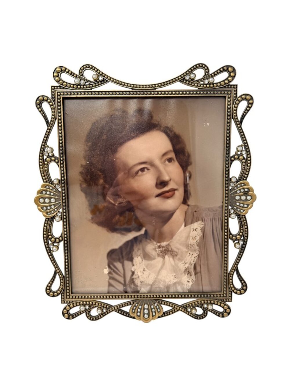 Vintage Fetco Brass Pearl Rhinestone Photo Frame 8x10 Ornate Metal Frame 1990s